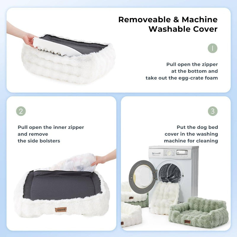 Orthopedic Cat Sofa Bed with Supportive Foam Cushion - Plush Faux Fur Removable Washable Cover & Non-Slip Bottom, Ivory White Indoor Cat Bed with Soft Cushioned Support, Durable Pet Sofa for Senior Cats & Small Dogs, Easy-Clean Modern Design for Hom