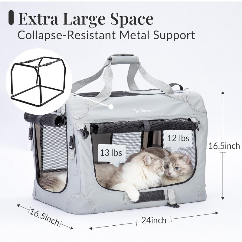 Extra Large Cat Carrier for 2 Cats - Heavy-Duty Collapsible Soft-Sided Pet Crate with Spacious Interior