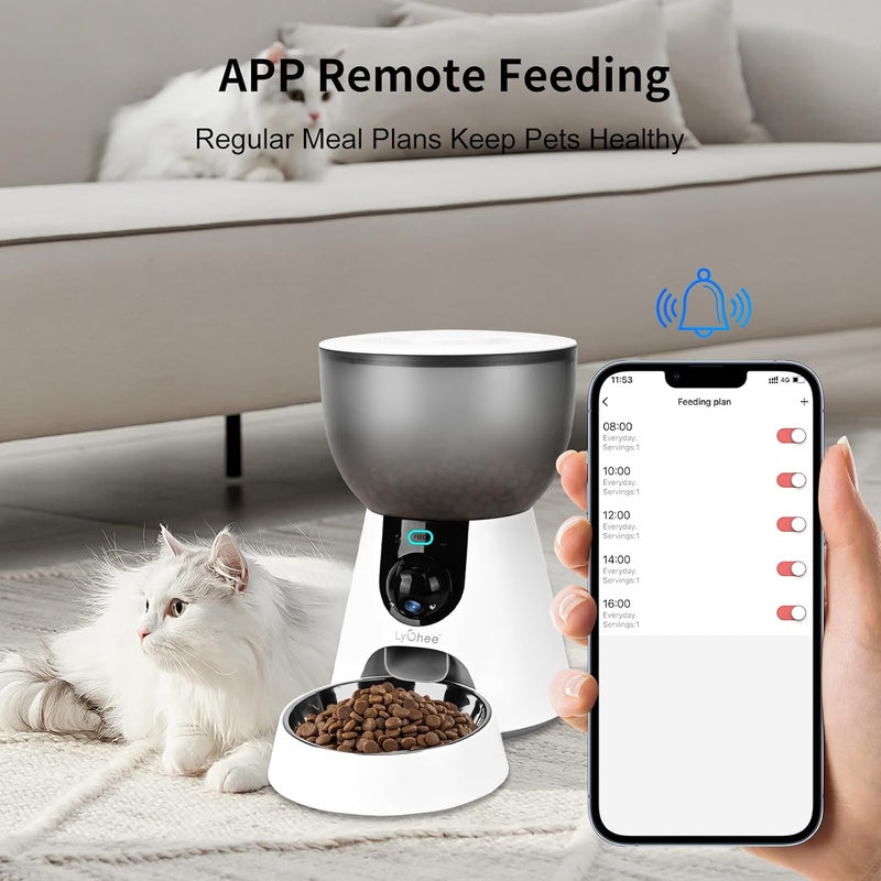 Lychee Automatic Cat Feeder with Camera, 5G WiFi Pet Feeder with 6 Pack Pet Food Desiccant Bag, 1304P HD Video with Night Vision