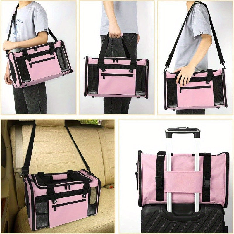 Airline Approved Collapsible Soft Pet Carrier - Three-Sided Entrance Travel Cat Carrier for Small Dogs, Puppy, Large Medium Small Cats - Pink