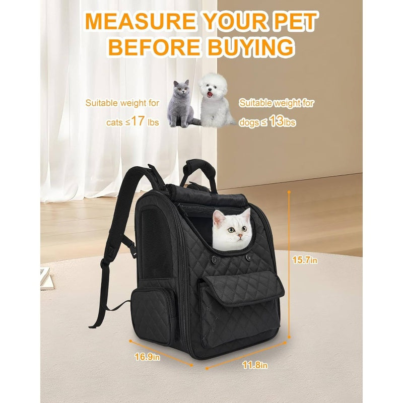Expandable Pet Backpack For Large Cats And Small Dogs | Up To 15 Lbs Capacity, Foldable, Travel And Hiking Compatible, Black Tpu Material