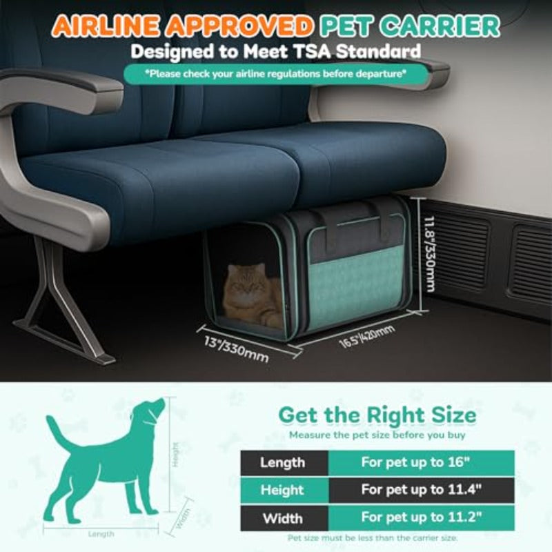 Airline Approved TSA-Approved Under-Seat with Wheels - Expandable Rolling Carrier Suitable for Small Dogs & Cats Under 20lbs, In-Flight Travel Crate with Bed, Leash & Mesh, Airplane Transport Bag
