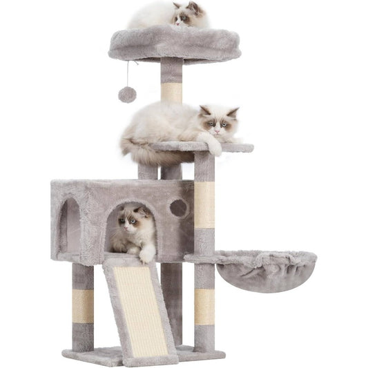 Multi-Level Cat Tree Tower with Scratching Posts & Board, 2 Perches, Hammock & Hanging Balls - Sturdy Indoor Cat Condo with Soft Cushioned Platforms, Space-Saving Design for Kittens & Cats, Light Gray - No Assembly Required, Durable Modern Cat Furni