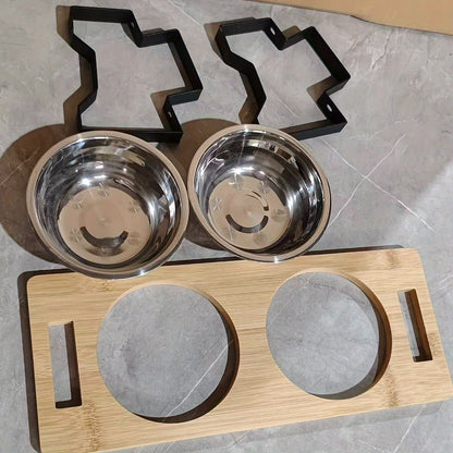 Cat High Platform Bowl Stand | Small Pet Stainless Steel Bowl Holder for Cats, Made of Bamboo and Stainless Steel