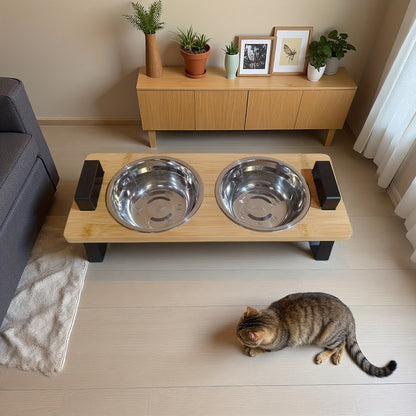 Cat High Platform Bowl Stand | Small Pet Stainless Steel Bowl Holder for Cats, Made of Bamboo and Stainless Steel