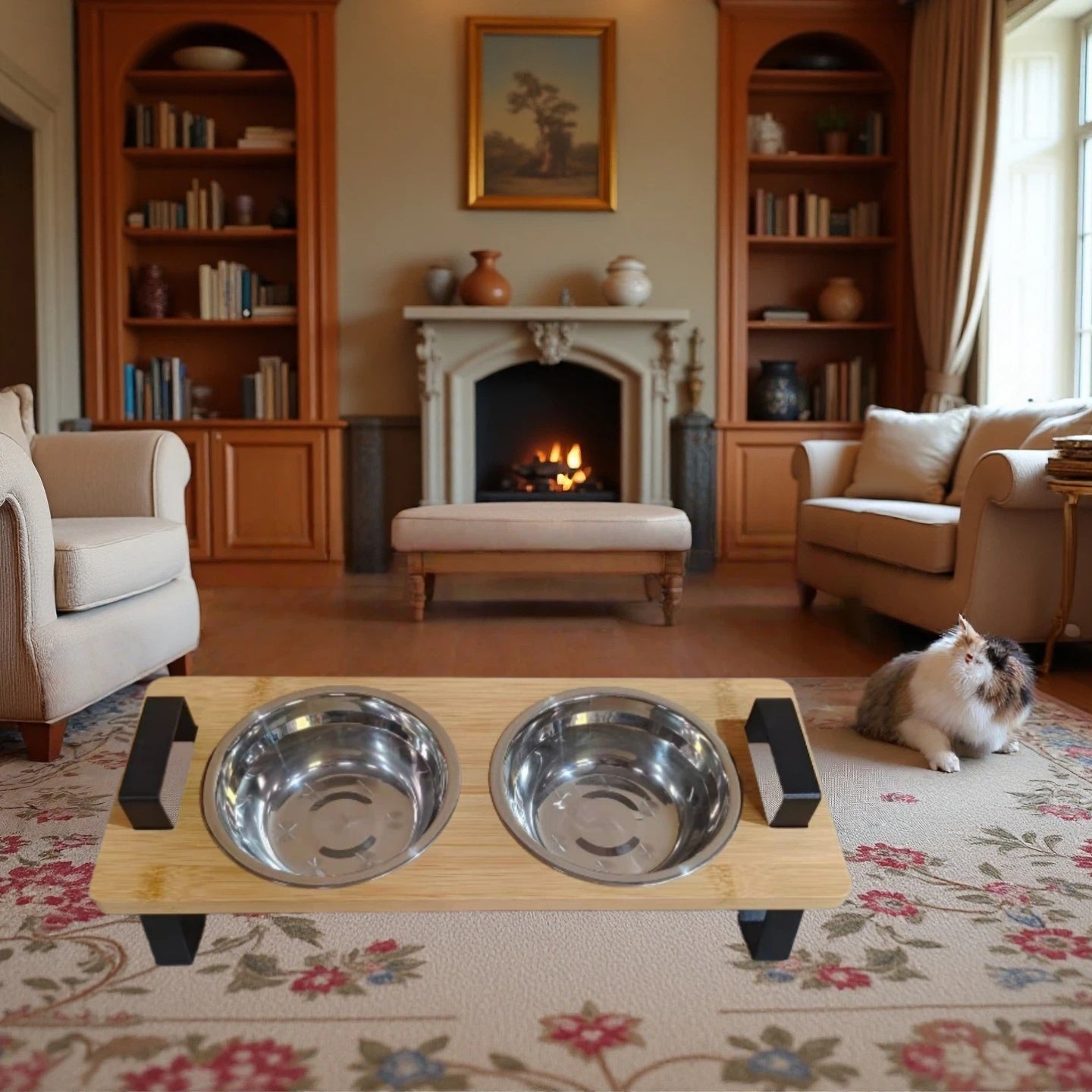 Cat High Platform Bowl Stand | Small Pet Stainless Steel Bowl Holder for Cats, Made of Bamboo and Stainless Steel