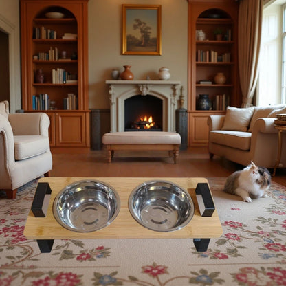 Cat High Platform Bowl Stand | Small Pet Stainless Steel Bowl Holder for Cats, Made of Bamboo and Stainless Steel