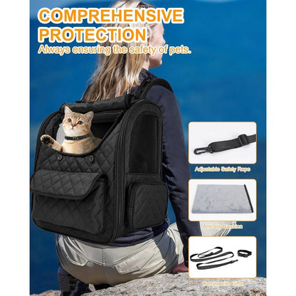 Expandable Pet Backpack For Large Cats And Small Dogs | Up To 15 Lbs Capacity, Foldable, Travel And Hiking Compatible, Black Tpu Material