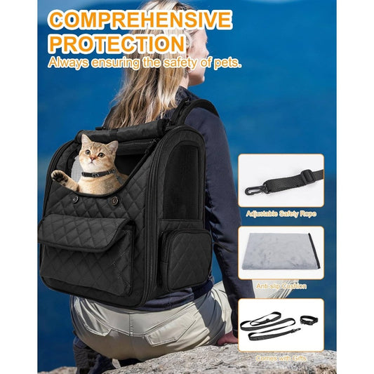 Expandable Pet Backpack For Large Cats And Small Dogs | Up To 15 Lbs Capacity, Foldable, Travel And Hiking Compatible, Black Tpu Material