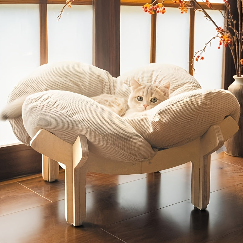 High-quality Elevated Cat Bed | Wooden with Cushion, Plush Pet Sofa, Indoor Raised Cat Lounge Chair Suitable for Small Dogs and Cats, Detachable, Polyester Fiber Fill
