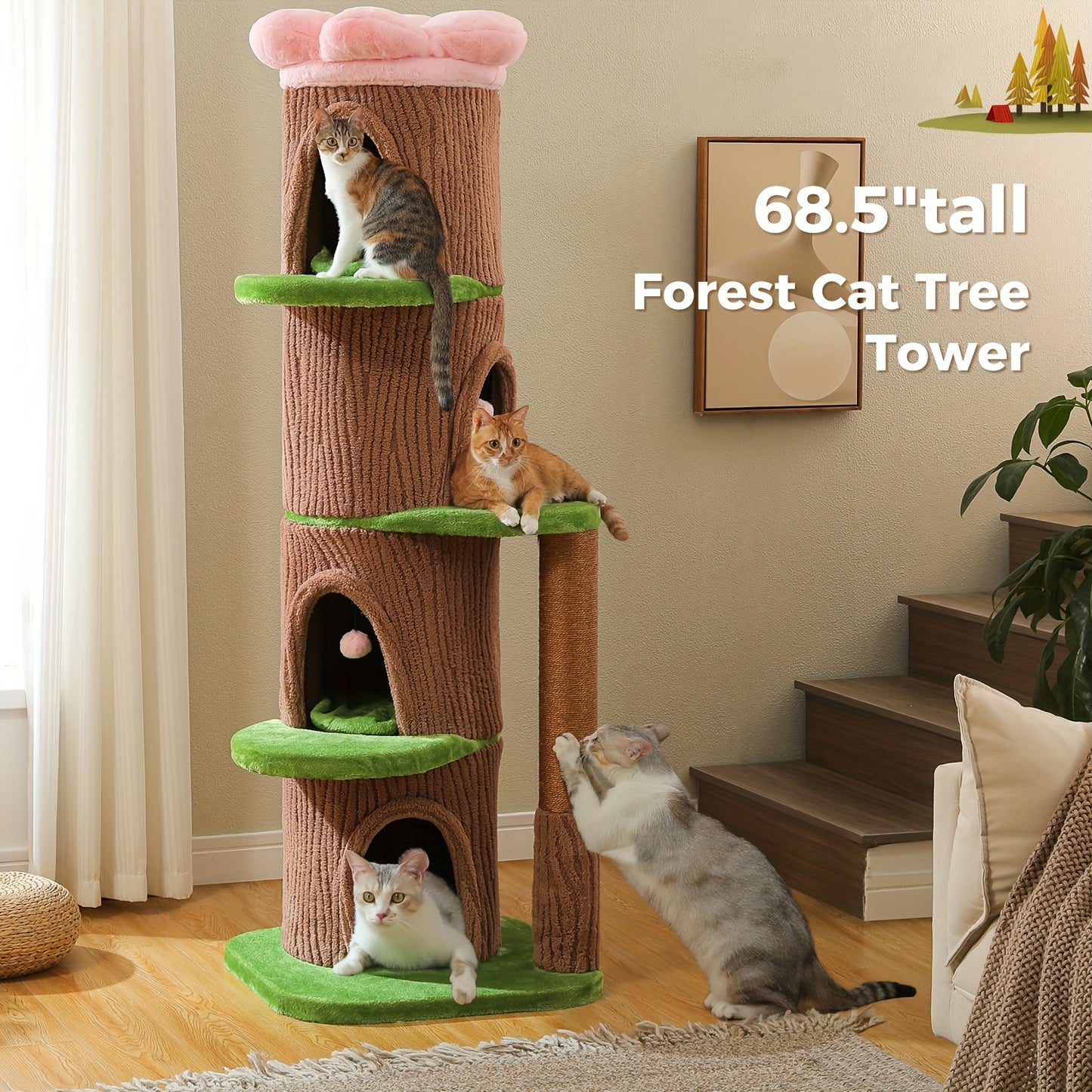 68.5” Tall Multi-Cat Tree with 4-Level Forest Trunk, Heavy-Duty Sisal Scratching Posts, Plush Condos & Flower Bed - Weighted Base Cat Tower for Large Indoor Cats - Suitable for Multi-Cat Households