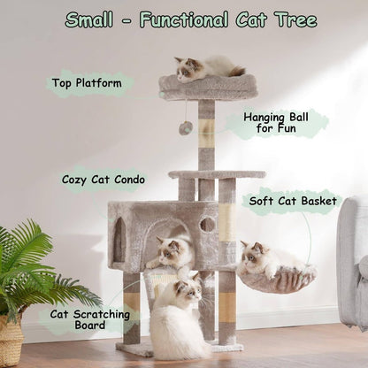 Multi-Level Cat Tree Tower with Scratching Posts & Board, 2 Perches, Hammock & Hanging Balls - Sturdy Indoor Cat Condo with Soft Cushioned Platforms, Space-Saving Design for Kittens & Cats, Light Gray - No Assembly Required, Durable Modern Cat Furni