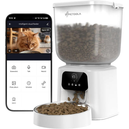 Smart Pet Feeder with Camera, 5-Liter Automatic Dispenser, Audio Communication & Remote Control App, Dehumidifying Bag, Automatic Food Dispenser for Cats and Dogs