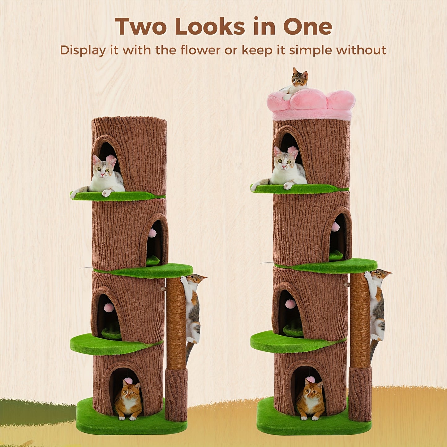 68.5” Tall Multi-Cat Tree with 4-Level Forest Trunk, Heavy-Duty Sisal Scratching Posts, Plush Condos & Flower Bed - Weighted Base Cat Tower for Large Indoor Cats - Suitable for Multi-Cat Households