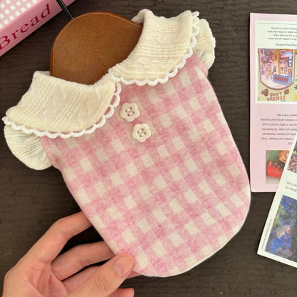 New Pink Checkered Pet Clothes, Fake 2pcs Vest for Dogs and Cats in Autumn and Winter, Doll Collar Decoration, Plush Insulation, Small and Medium-sized Dog Yorkshire Marzis Pet Accessories