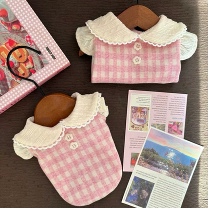New Pink Checkered Pet Clothes, Fake 2pcs Vest for Dogs and Cats in Autumn and Winter, Doll Collar Decoration, Plush Insulation, Small and Medium-sized Dog Yorkshire Marzis Pet Accessories