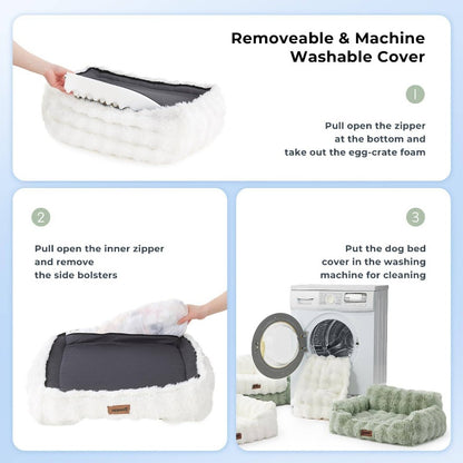 Orthopedic Cat Sofa Bed with Supportive Foam Cushion - Plush Faux Fur Removable Washable Cover & Non-Slip Bottom, Ivory White Indoor Cat Bed with Soft Cushioned Support, Durable Pet Sofa for Senior Cats & Small Dogs, Easy-Clean Modern Design for Hom