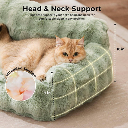 Orthopedic Cat Sofa Bed with Supportive Foam Cushion - Plush Faux Fur Removable Washable Cover & Non-Slip Bottom, Ivory White Indoor Cat Bed with Soft Cushioned Support, Durable Pet Sofa for Senior Cats & Small Dogs, Easy-Clean Modern Design for Hom