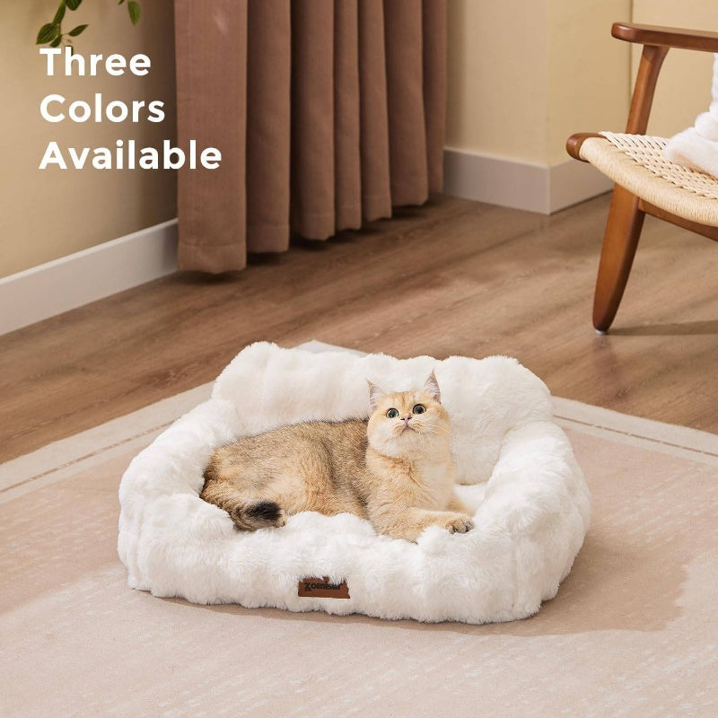 Orthopedic Cat Sofa Bed with Supportive Foam Cushion - Plush Faux Fur Removable Washable Cover & Non-Slip Bottom, Ivory White Indoor Cat Bed with Soft Cushioned Support, Durable Pet Sofa for Senior Cats & Small Dogs, Easy-Clean Modern Design for Hom