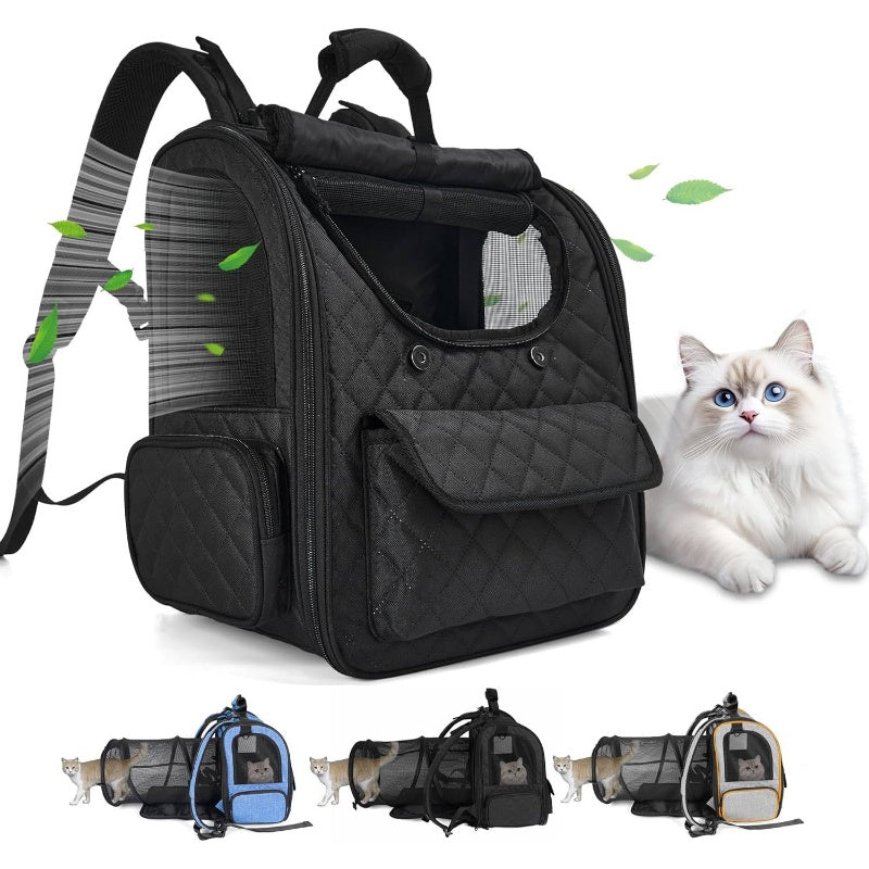 Expandable Pet Backpack For Large Cats And Small Dogs | Up To 15 Lbs Capacity, Foldable, Travel And Hiking Compatible, Black Tpu Material