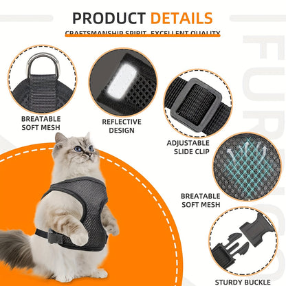 Set of for cat Harness And Leash Featuring an Airtag Holder - Escape-Resistant Reflective Vest, Adjustable for Cats And Kittens (Secure Fit, Airtag Not Included)