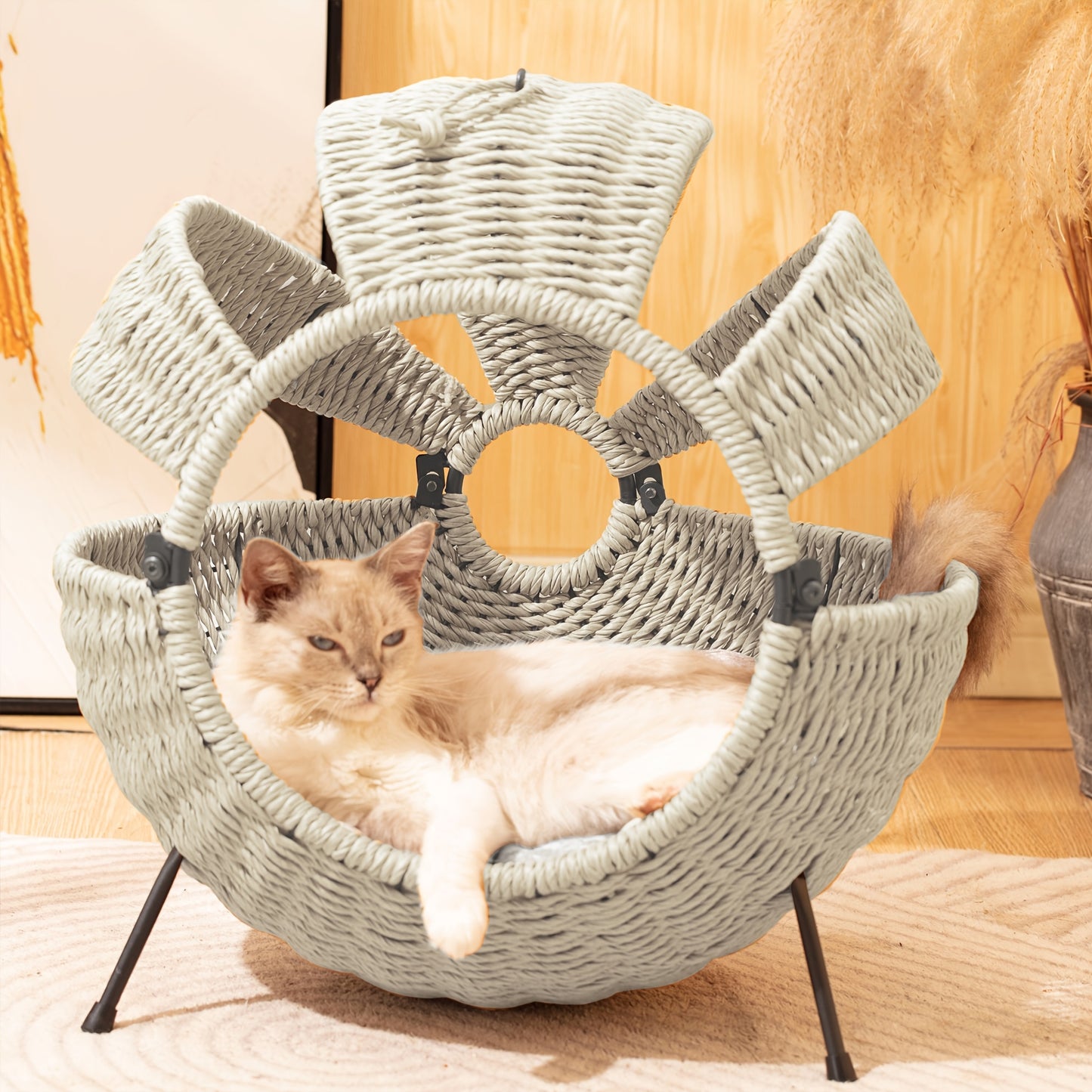 Cat Beds For Indoor Cats-Large Cat Cave For Pet Cat-Rattan Cat House With Cushion, Spherical Indoor Outdoor Cat House, Large Translucent Cat House With Cushion, 20.5X20.5X14inches