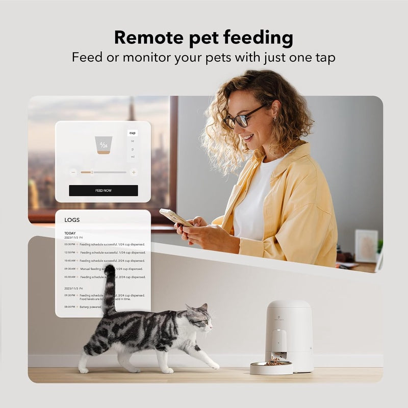 Automatic Cat Feeder, WiFi Rechargeable Food Dispenser, Battery - Operated With 30 - Day Life, AIR 2.4G Timed Pet Feeder for Dog, 2L Auto Feeder, White