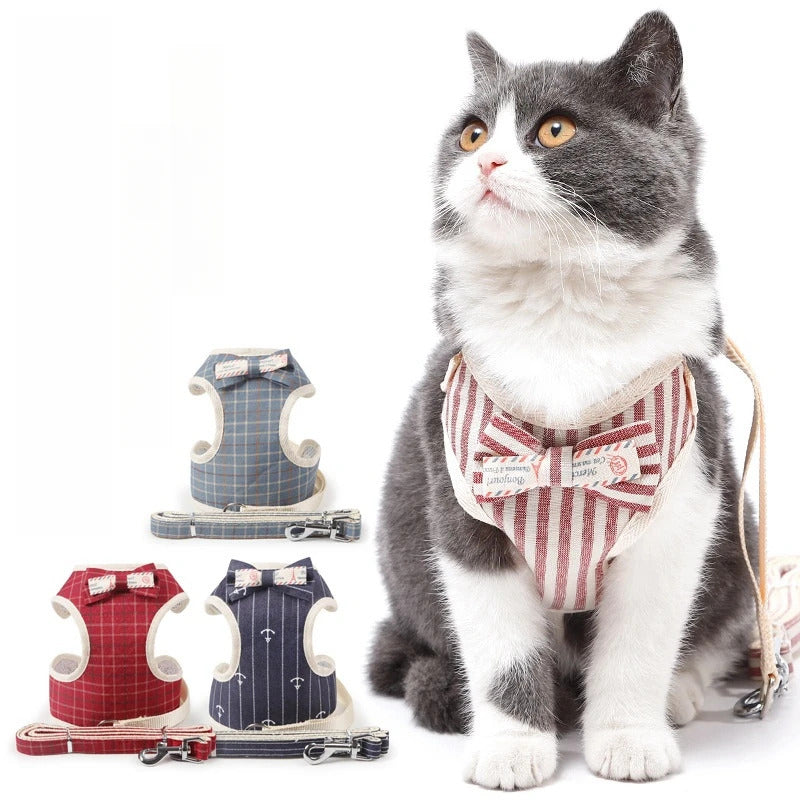 Cat Chest Harness Leash Set with Bow Tie Vest Styles Pet Chest Harness Suitable for Walking Cats and Puppies Leash