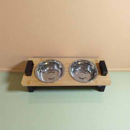 Cat High Platform Bowl Stand | Small Pet Stainless Steel Bowl Holder for Cats, Made of Bamboo and Stainless Steel