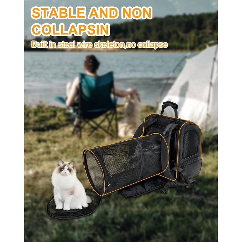Expandable Pet Backpack For Large Cats And Small Dogs | Up To 15 Lbs Capacity, Foldable, Travel And Hiking Compatible, Black Tpu Material