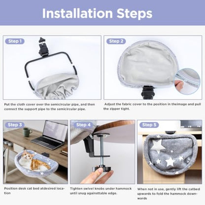 Cat Desk Bed with Clamp | Glow in The Dark, Cover, Removable Washable, Sturdy Metal Frame, Supports up to 50 Lbs