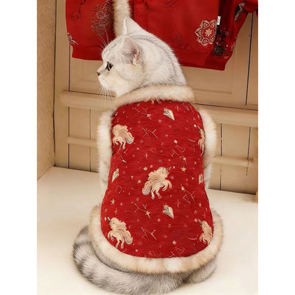 2026 New Chinese New Year Fleece Warm Vest for Dogs and Cats | New Chinese Style Festive Greeting Tang Suit, Knit Polyester, Suitable for Small and Medium Dogs