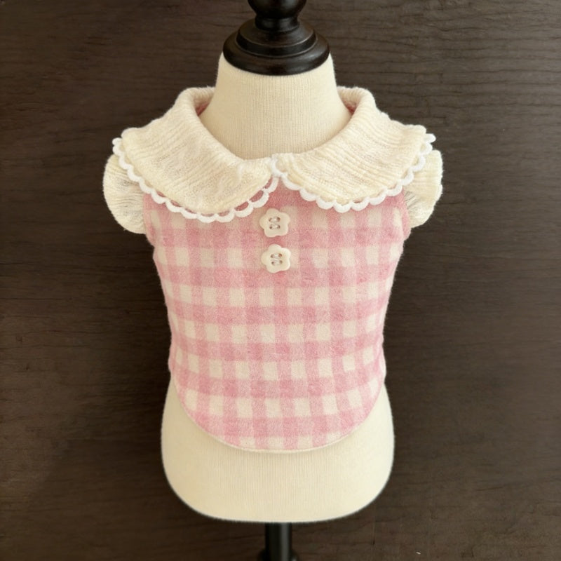 New Pink Checkered Pet Clothes, Fake 2pcs Vest for Dogs and Cats in Autumn and Winter, Doll Collar Decoration, Plush Insulation, Small and Medium-sized Dog Yorkshire Marzis Pet Accessories