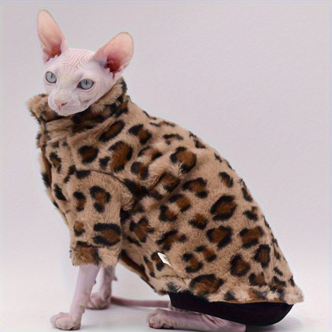 Leopard Print Plush Coat, Double-Layer Thickened Warm, Suitable for Sphynx Cats, German Cats, Abyssinian Cats, and Kittens