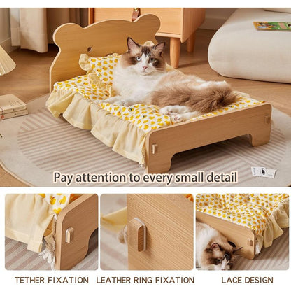 Large Elevated Wooden Cat Bed for Indoor Cats with Removable Mattress - Off-Ground Pet Bed for Dogs, Rabbits, Guinea Pigs, Hamsters & Chinchillas - Easy Assemble, Heavy-Duty Wood Frame, Washable Summer Cool & Winter Warm Bedding