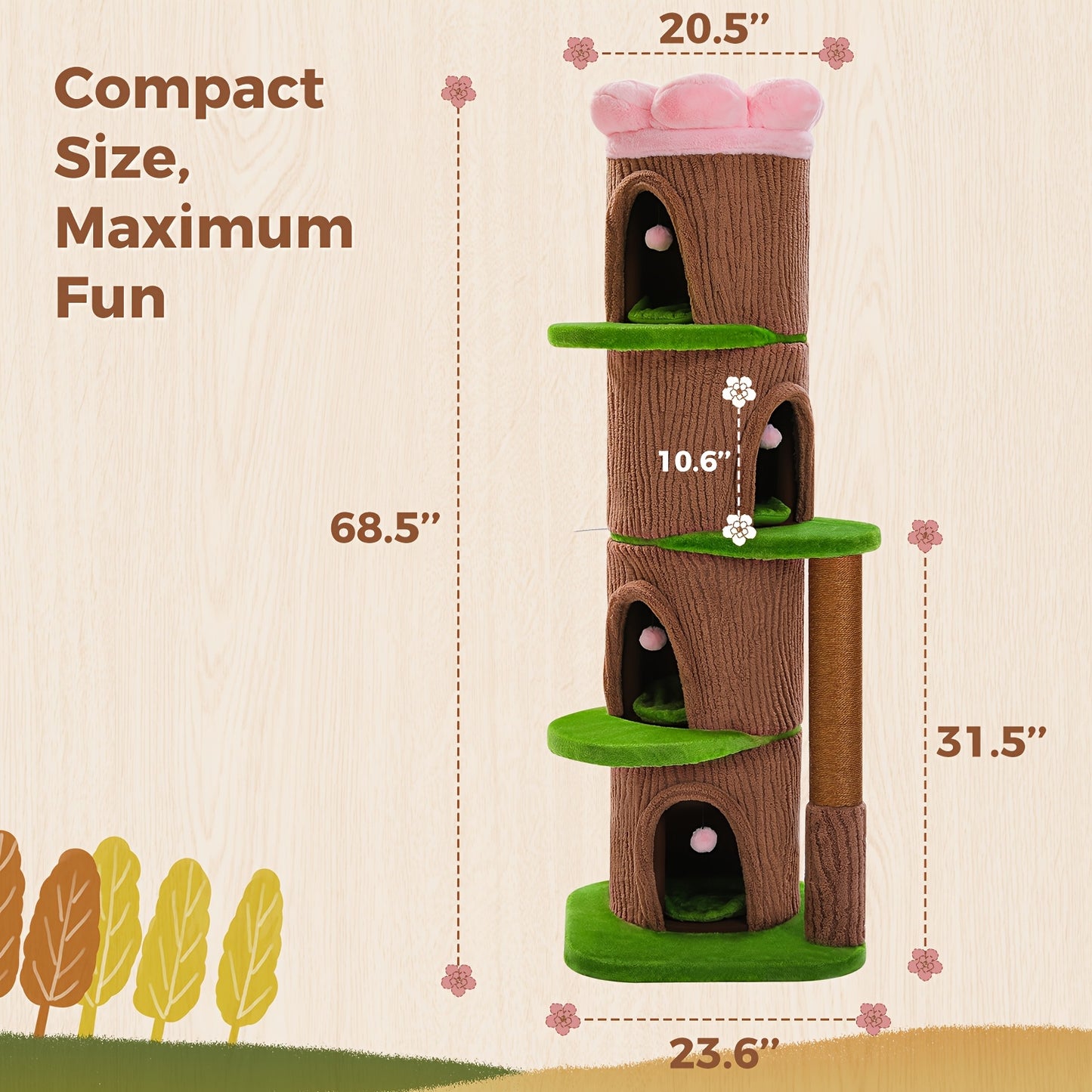 68.5” Tall Multi-Cat Tree with 4-Level Forest Trunk, Heavy-Duty Sisal Scratching Posts, Plush Condos & Flower Bed - Weighted Base Cat Tower for Large Indoor Cats - Suitable for Multi-Cat Households