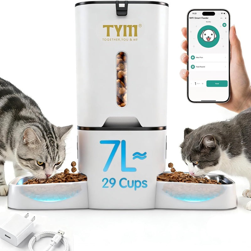 Dual Automatic Cat Feeder 2 Cats, 7L Timed Cat Food Dispenser for Multiple Pets, Double Auto Dog Feeder with Slow Feed, WiFi Programmable Feeders Smart App Control, Steel Double Bowls Easy Clean