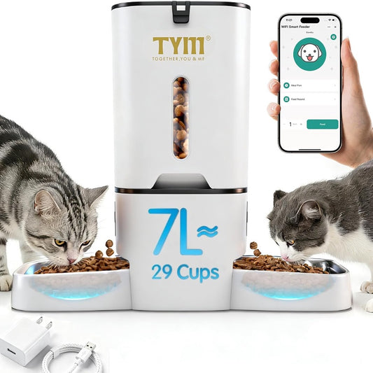 Dual Automatic Cat Feeder 2 Cats, 7L Timed Cat Food Dispenser for Multiple Pets, Double Auto Dog Feeder with Slow Feed, WiFi Programmable Feeders Smart App Control, Steel Double Bowls Easy Clean