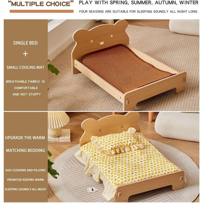 Large Elevated Wooden Cat Bed for Indoor Cats with Removable Mattress - Off-Ground Pet Bed for Dogs, Rabbits, Guinea Pigs, Hamsters & Chinchillas - Easy Assemble, Heavy-Duty Wood Frame, Washable Summer Cool & Winter Warm Bedding