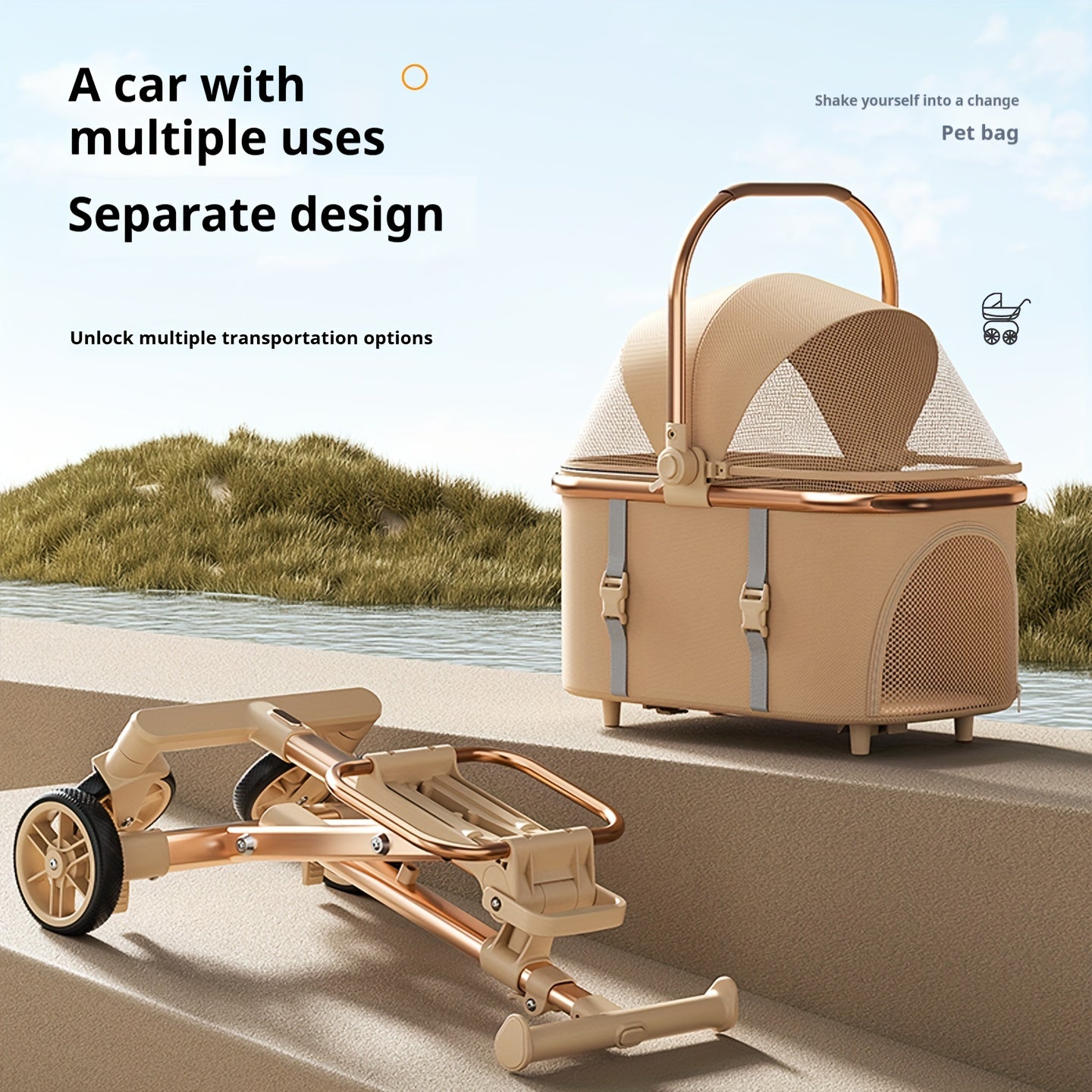 Lightweight Foldable Pet Stroller for Small to Medium Dogs and Cats, Outdoor Walking Cart with Detachable Bag