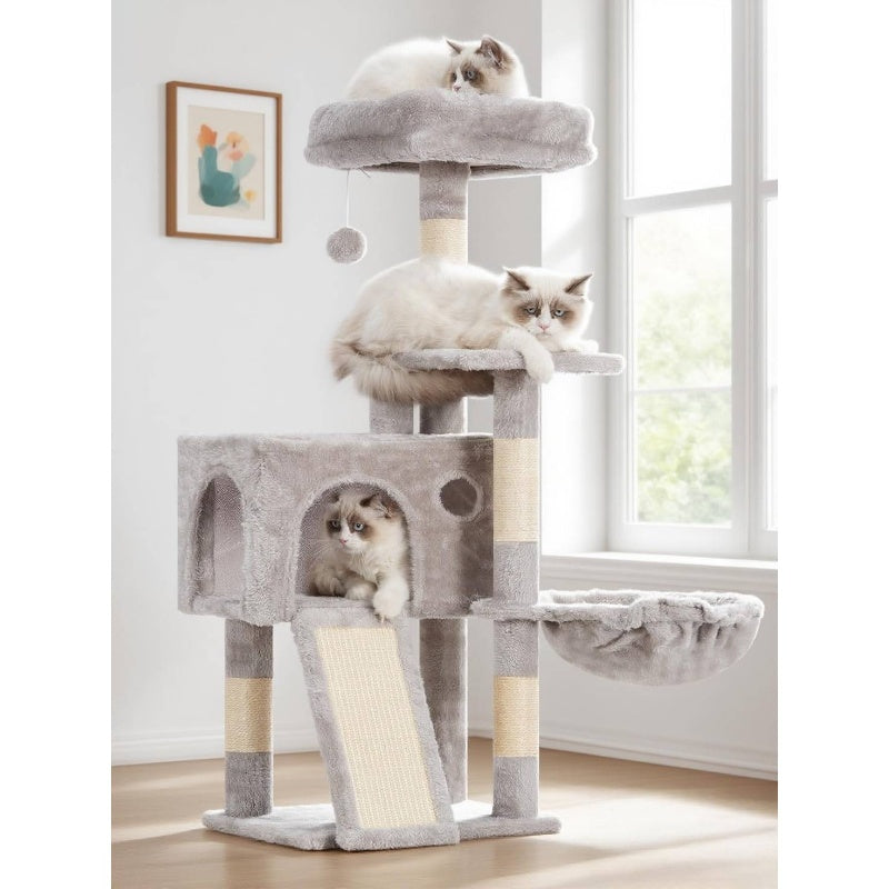Multi-Level Cat Tree Tower with Scratching Posts & Board, 2 Perches, Hammock & Hanging Balls - Sturdy Indoor Cat Condo with Soft Cushioned Platforms, Space-Saving Design for Kittens & Cats, Light Gray - No Assembly Required, Durable Modern Cat Furni