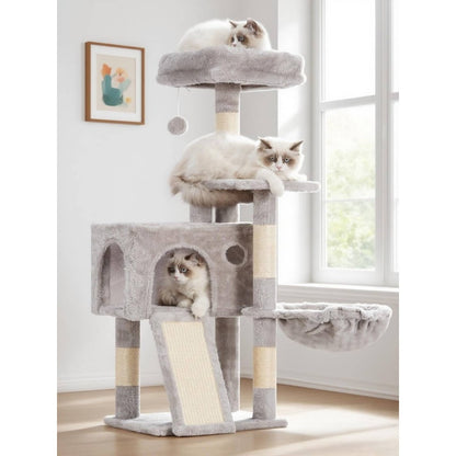 Multi-Level Cat Tree Tower with Scratching Posts & Board, 2 Perches, Hammock & Hanging Balls - Sturdy Indoor Cat Condo with Soft Cushioned Platforms, Space-Saving Design for Kittens & Cats, Light Gray - No Assembly Required, Durable Modern Cat Furni