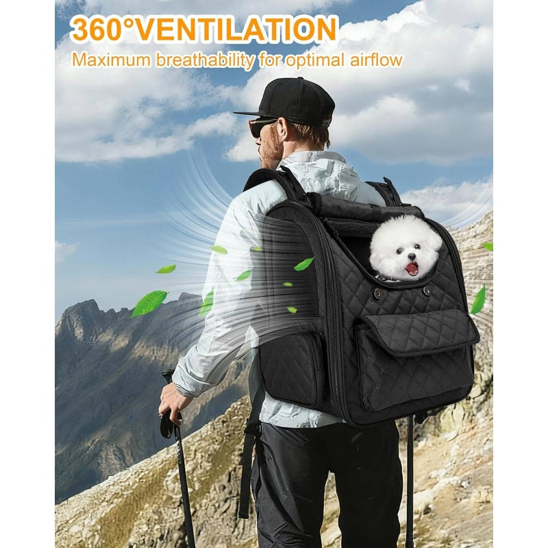 Expandable Pet Backpack For Large Cats And Small Dogs | Up To 15 Lbs Capacity, Foldable, Travel And Hiking Compatible, Black Tpu Material