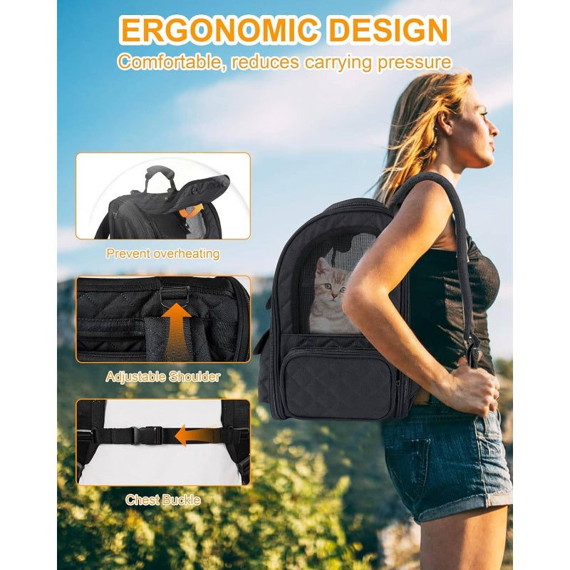 Expandable Pet Backpack For Large Cats And Small Dogs | Up To 15 Lbs Capacity, Foldable, Travel And Hiking Compatible, Black Tpu Material