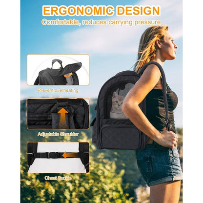 Expandable Pet Backpack For Large Cats And Small Dogs | Up To 15 Lbs Capacity, Foldable, Travel And Hiking Compatible, Black Tpu Material