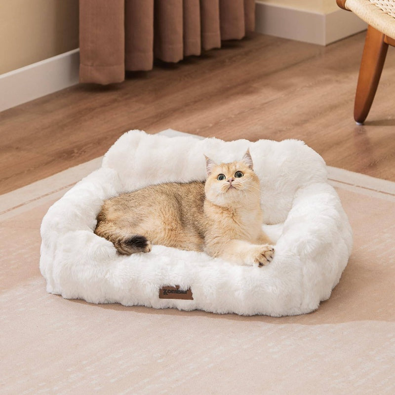 Orthopedic Cat Sofa Bed with Supportive Foam Cushion - Plush Faux Fur Removable Washable Cover & Non-Slip Bottom, Ivory White Indoor Cat Bed with Soft Cushioned Support, Durable Pet Sofa for Senior Cats & Small Dogs, Easy-Clean Modern Design for Hom