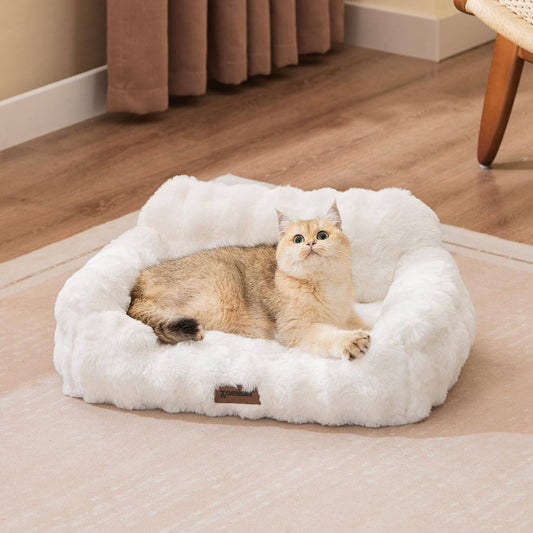 Orthopedic Cat Sofa Bed with Supportive Foam Cushion - Plush Faux Fur Removable Washable Cover & Non-Slip Bottom, Ivory White Indoor Cat Bed with Soft Cushioned Support, Durable Pet Sofa for Senior Cats & Small Dogs, Easy-Clean Modern Design for Hom