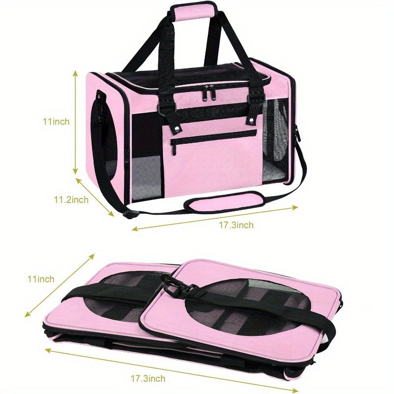 Airline Approved Collapsible Soft Pet Carrier - Three-Sided Entrance Travel Cat Carrier for Small Dogs, Puppy, Large Medium Small Cats - Pink