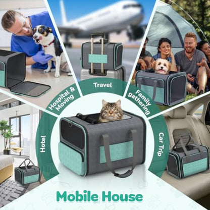 Airline Approved TSA-Approved Under-Seat with Wheels - Expandable Rolling Carrier Suitable for Small Dogs & Cats Under 20lbs, In-Flight Travel Crate with Bed, Leash & Mesh, Airplane Transport Bag