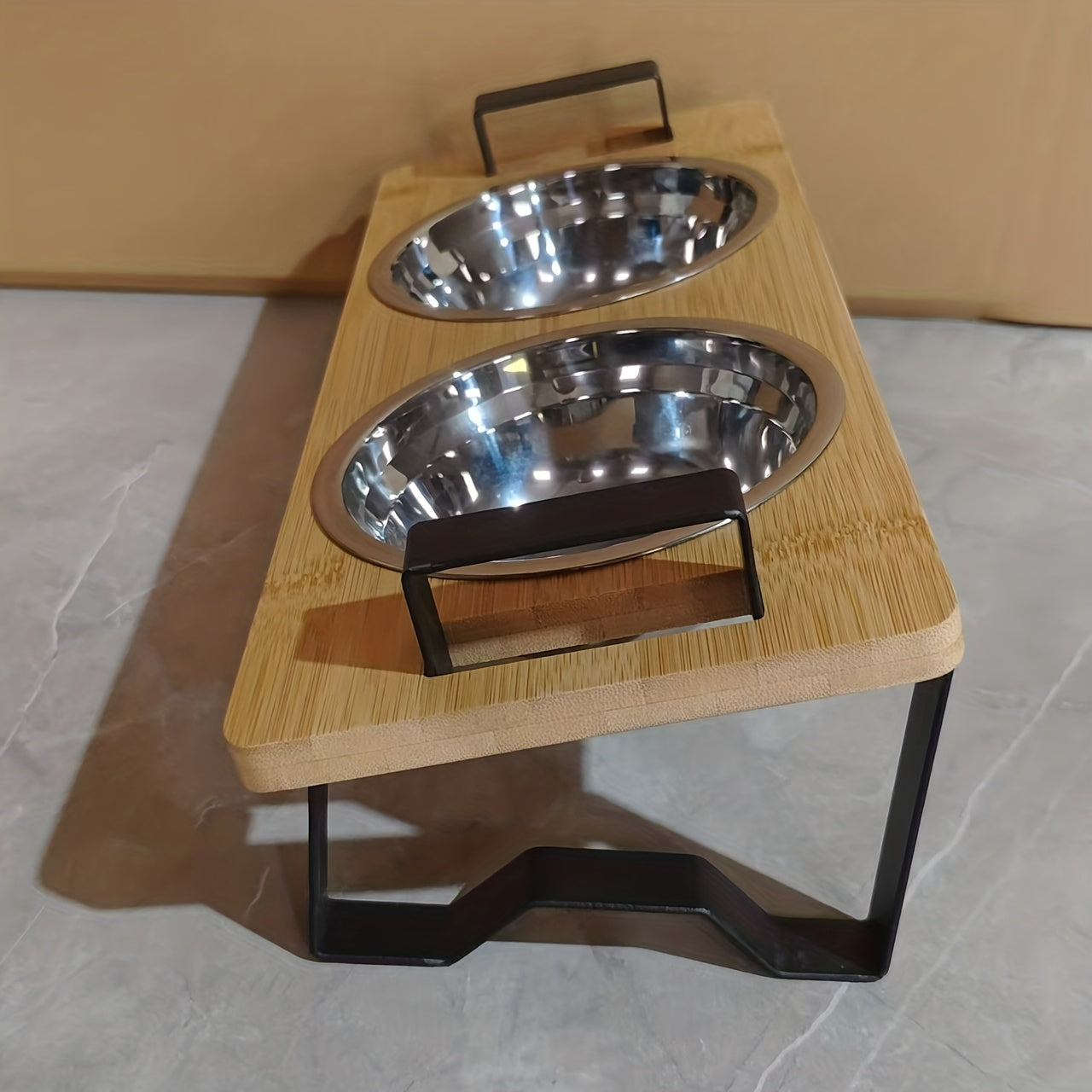 Cat High Platform Bowl Stand | Small Pet Stainless Steel Bowl Holder for Cats, Made of Bamboo and Stainless Steel